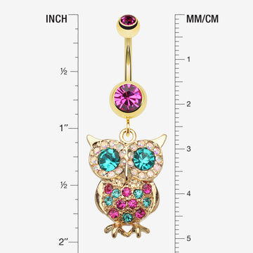 Detail View 1 of Golden Owl Sparkle Belly Ring-Fuchsia
